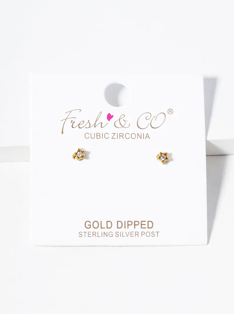 18k Gold Dipped Tiny Star With CZ Stone Post Stud Earrings