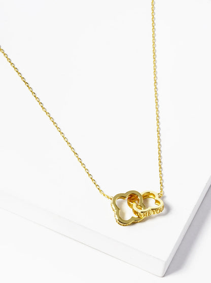 18k Gold Dipped You And Me Engraved CZ Pave Interlocking Quatrefoil Pendant Necklace