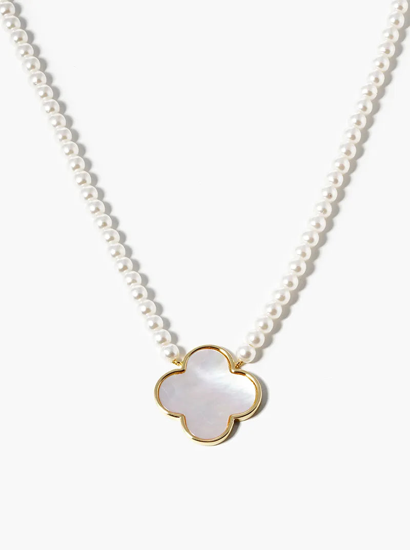 White Gold Dipped 20mm Mother Of Pearl Quatrefoil Pendant Necklace