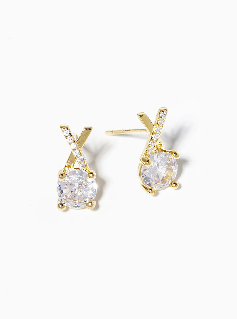 18k Gold Dipped 4-prong CZ Drop X Shape Post Stud Earrings