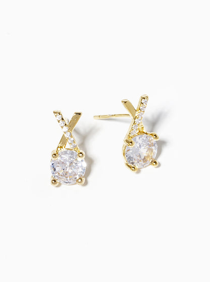 18k Gold Dipped 4-prong CZ Drop X Shape Post Stud Earrings