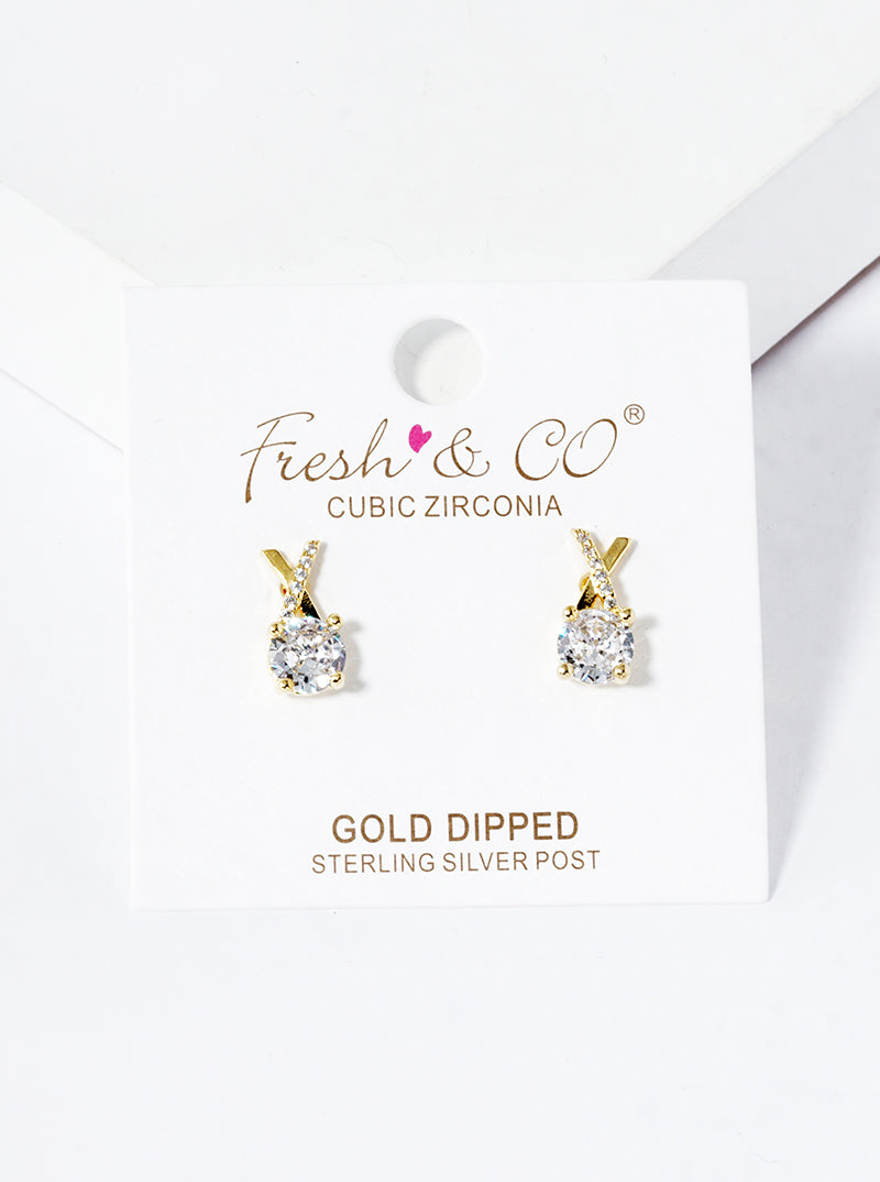 18k Gold Dipped 4-prong CZ Drop X Shape Post Stud Earrings