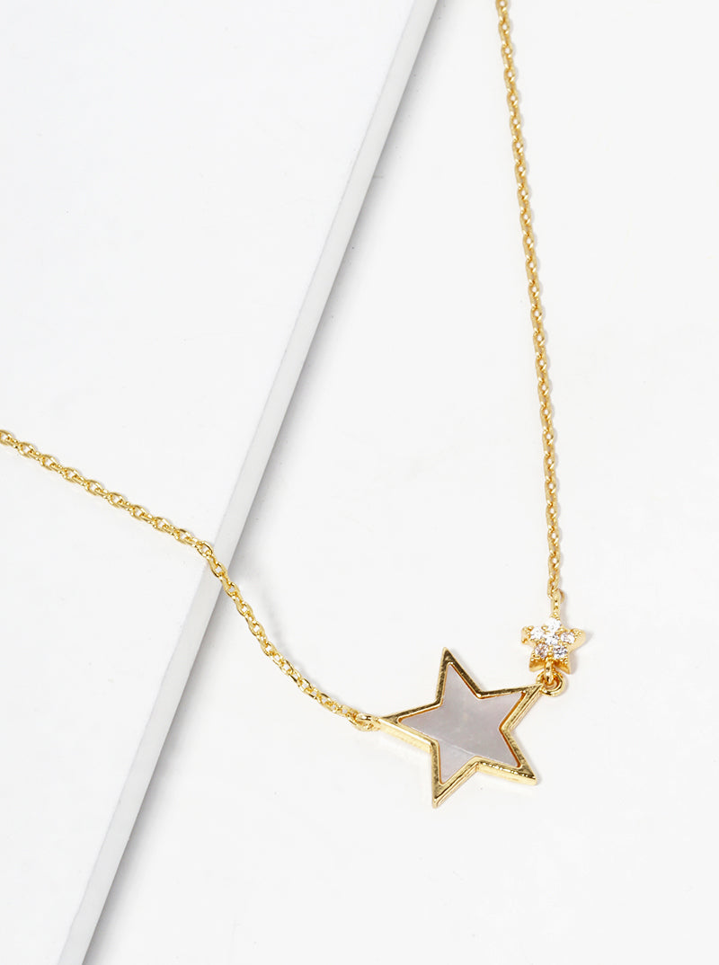 White Gold Dipped CZ MOP Double Star Pendant Delicate Necklace