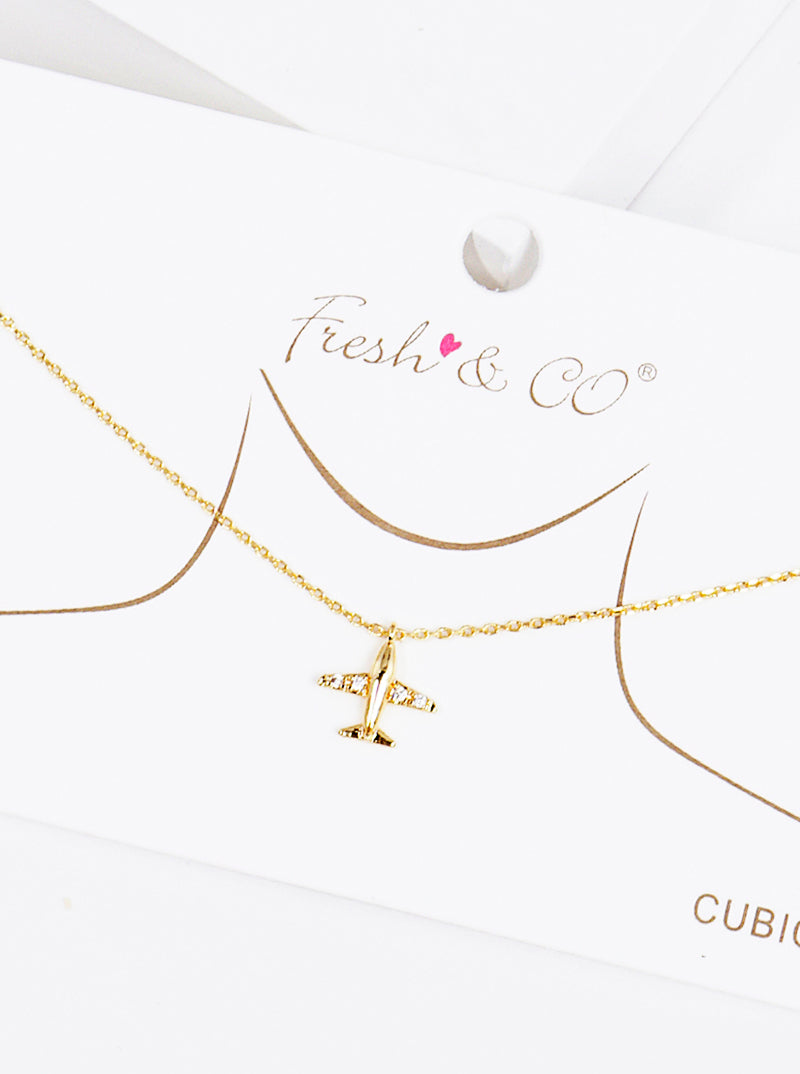 18k Gold Dipped CZ Airplane Pendant Delicate Necklace