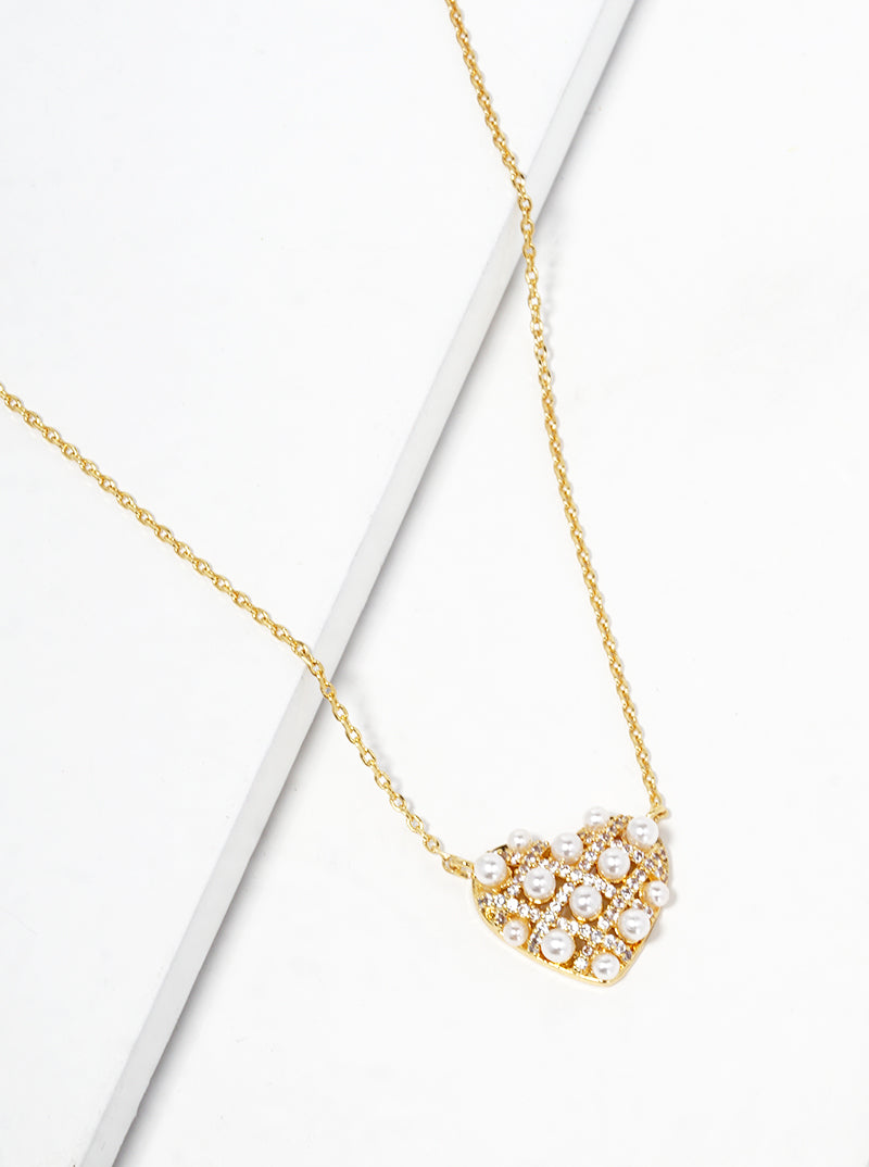 18k Gold Dipped CZ And Glass Beaded Heart Pendant Necklace