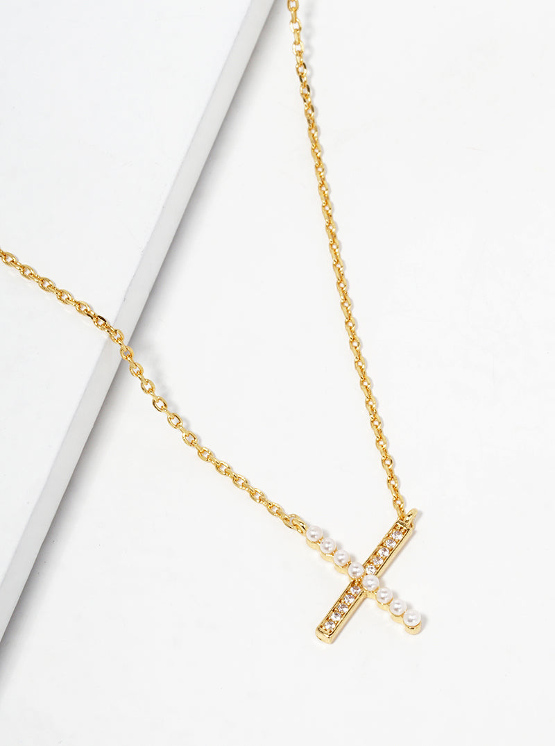 White Gold Dipped CZ And Pearl Beaded X Shape Pendant Delicate Necklace