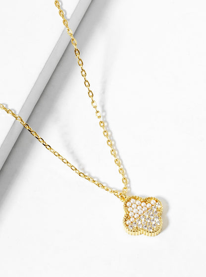 18k Gold Dipped CZ And Pearl Beaded Quatrefoil Pendant Necklace
