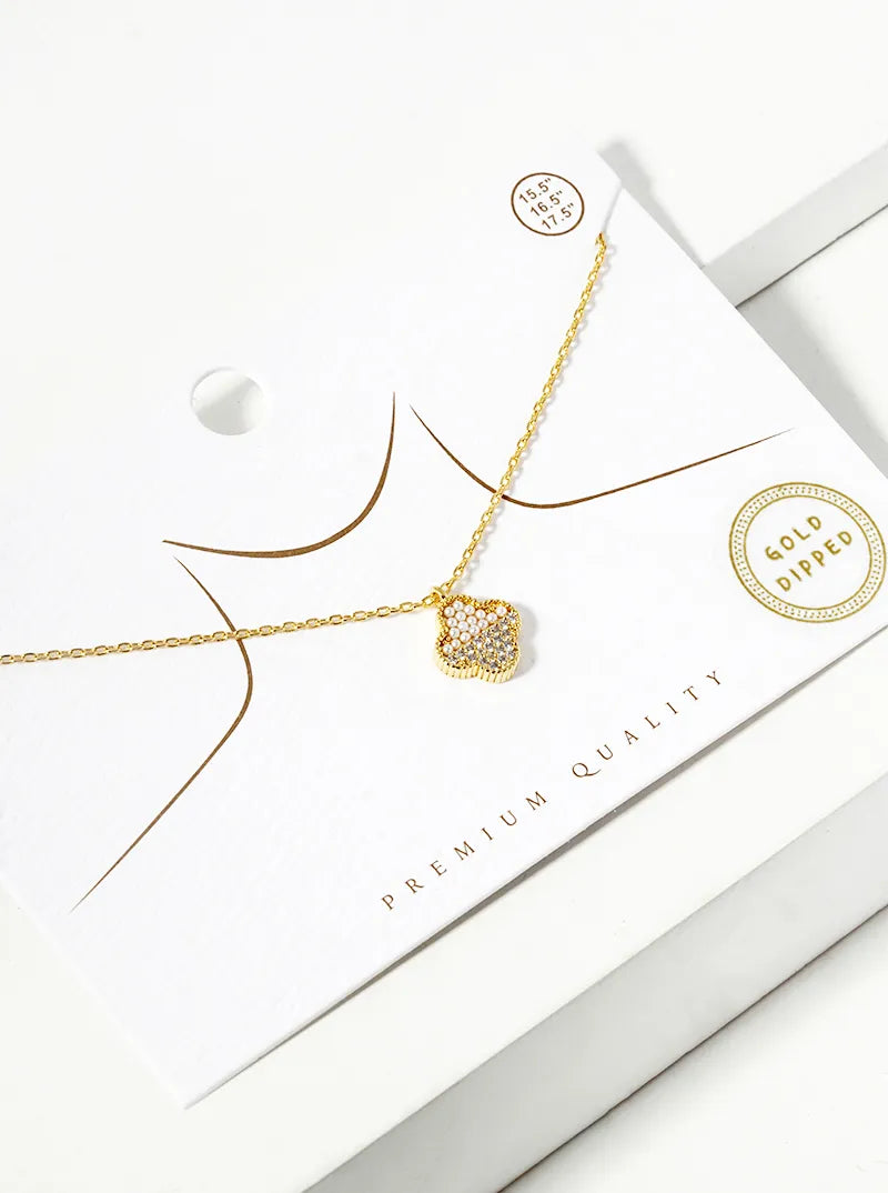18k Gold Dipped CZ And Pearl Beaded Quatrefoil Pendant Necklace