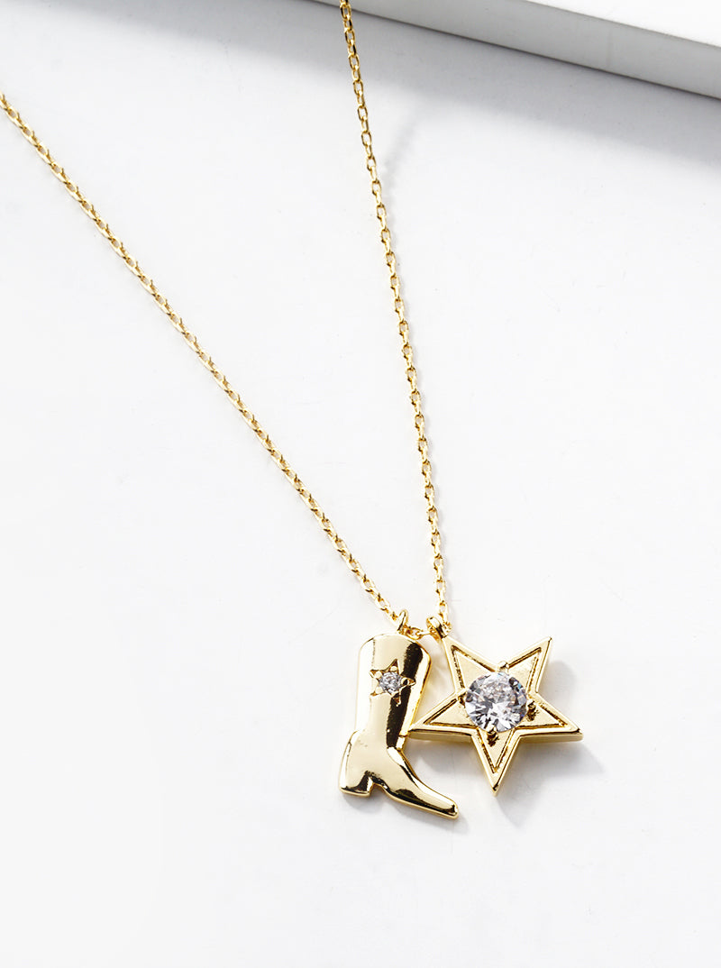 18k Gold Dipped CZ Cowgirl Boot And Star Pendant Necklace