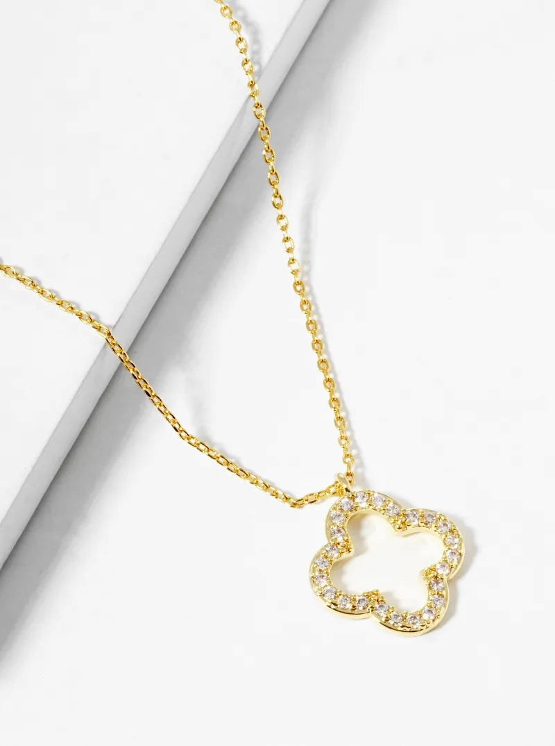 18k Gold Dipped CZ Pave 15mm Quatrefoil Pendant Necklace