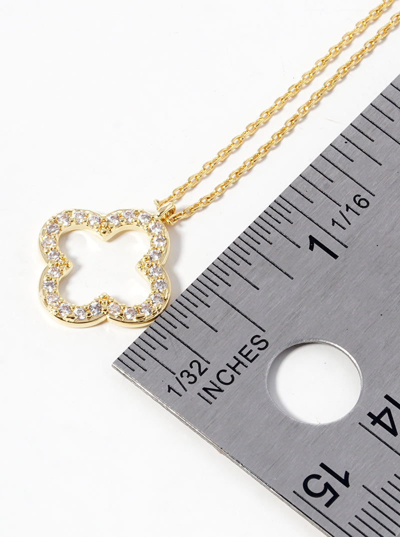 18k Gold Dipped CZ Pave 15mm Quatrefoil Pendant Necklace