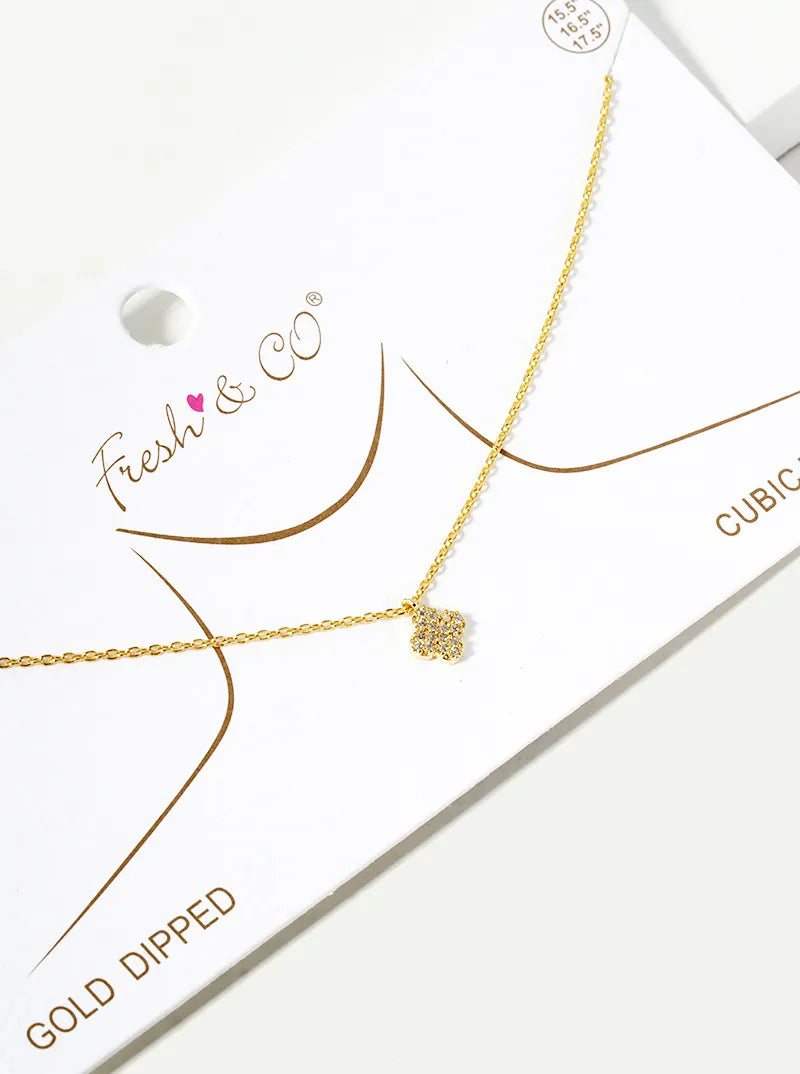18k Gold Dipped CZ Pave 6mm Quatrefoil Pendant Necklace