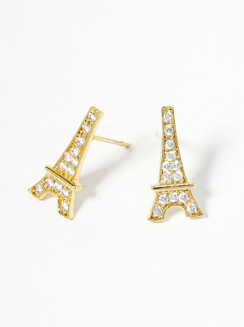 18k Gold Dipped CZ Pave Eiffel Tower Post Stud Earrings