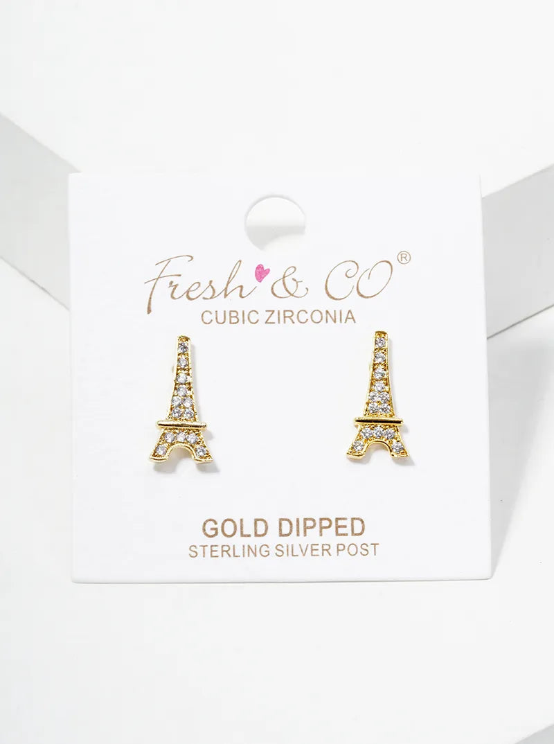 18k Gold Dipped CZ Pave Eiffel Tower Post Stud Earrings
