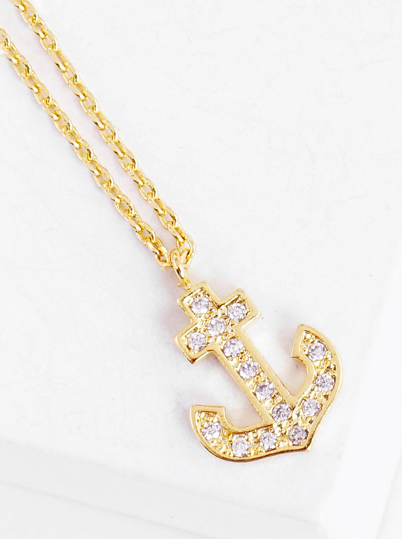 18k Gold Dipped CZ Pave Anchor Pendant Delicate Necklace