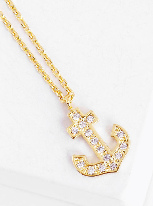 18k Gold Dipped CZ Pave Anchor Pendant Delicate Necklace