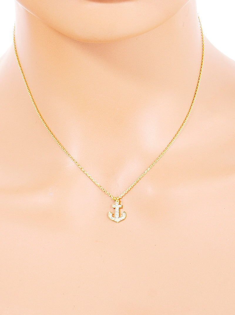 18k Gold Dipped CZ Pave Anchor Pendant Delicate Necklace