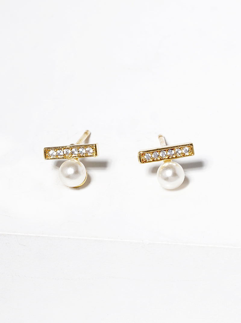 18k Gold Dipped CZ Pave Bar With Pearl Post Stud Earrings