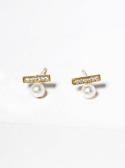 18k Gold Dipped CZ Pave Bar With Pearl Post Stud Earrings