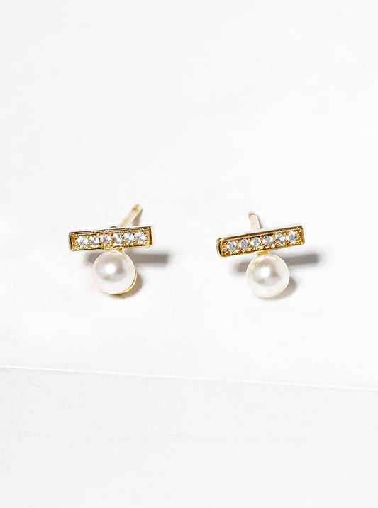 18k Gold Dipped CZ Pave Bar With Pearl Post Stud Earrings