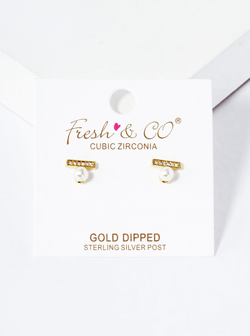 18k Gold Dipped CZ Pave Bar With Pearl Post Stud Earrings