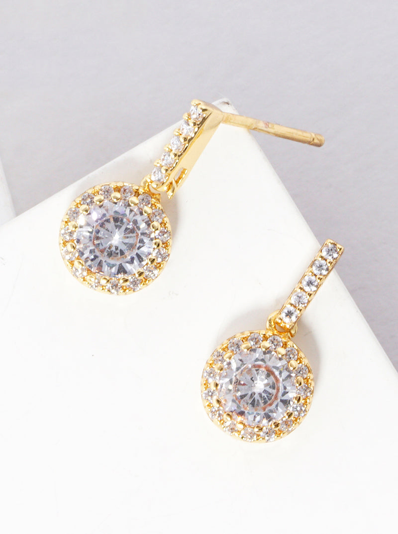 18k Gold Dipped CZ Pave Bar With Round Drop Post Dangle Earrings