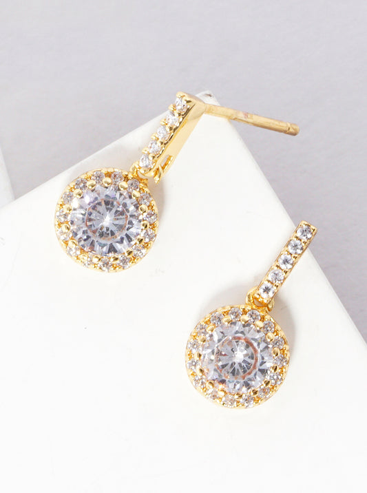 18k Gold Dipped CZ Pave Bar With Round Drop Post Dangle Earrings