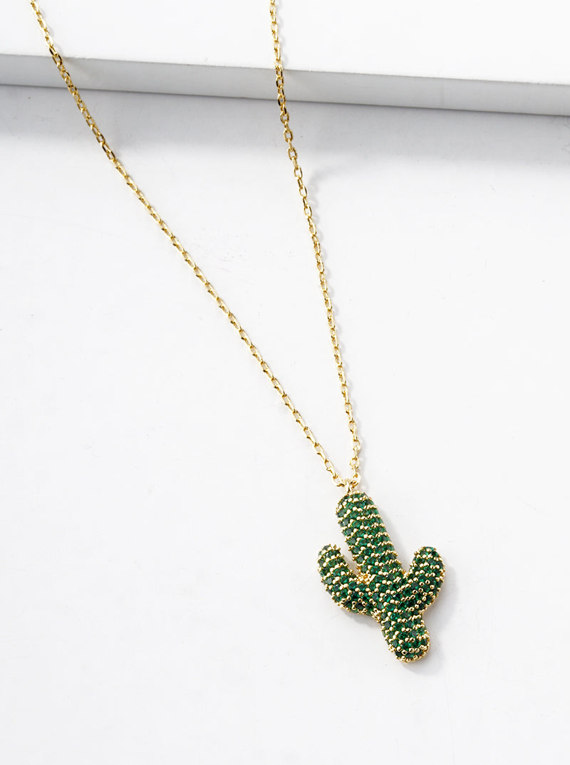 18k Gold Dipped CZ Pave Cactus Pendant Necklace