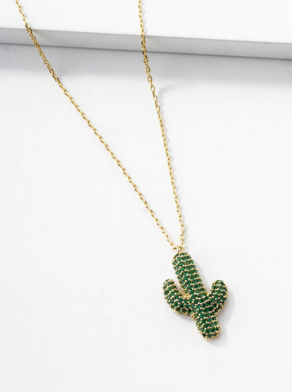 18k Gold Dipped CZ Pave Cactus Pendant Necklace