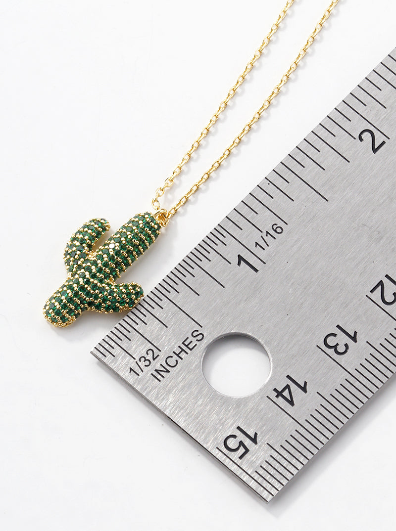18k Gold Dipped CZ Pave Cactus Pendant Necklace