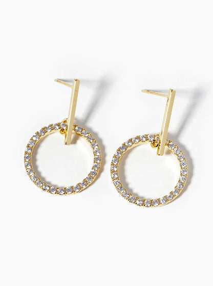 18k Gold Dipped CZ Pave Circle Drop Delicate Dangle Post Earrings