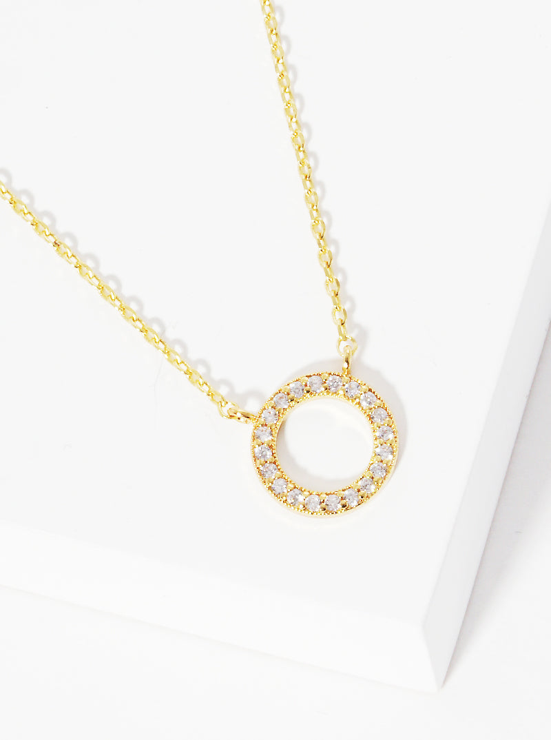 White Gold Dipped CZ Pave Circle Pendant Delicate Necklace