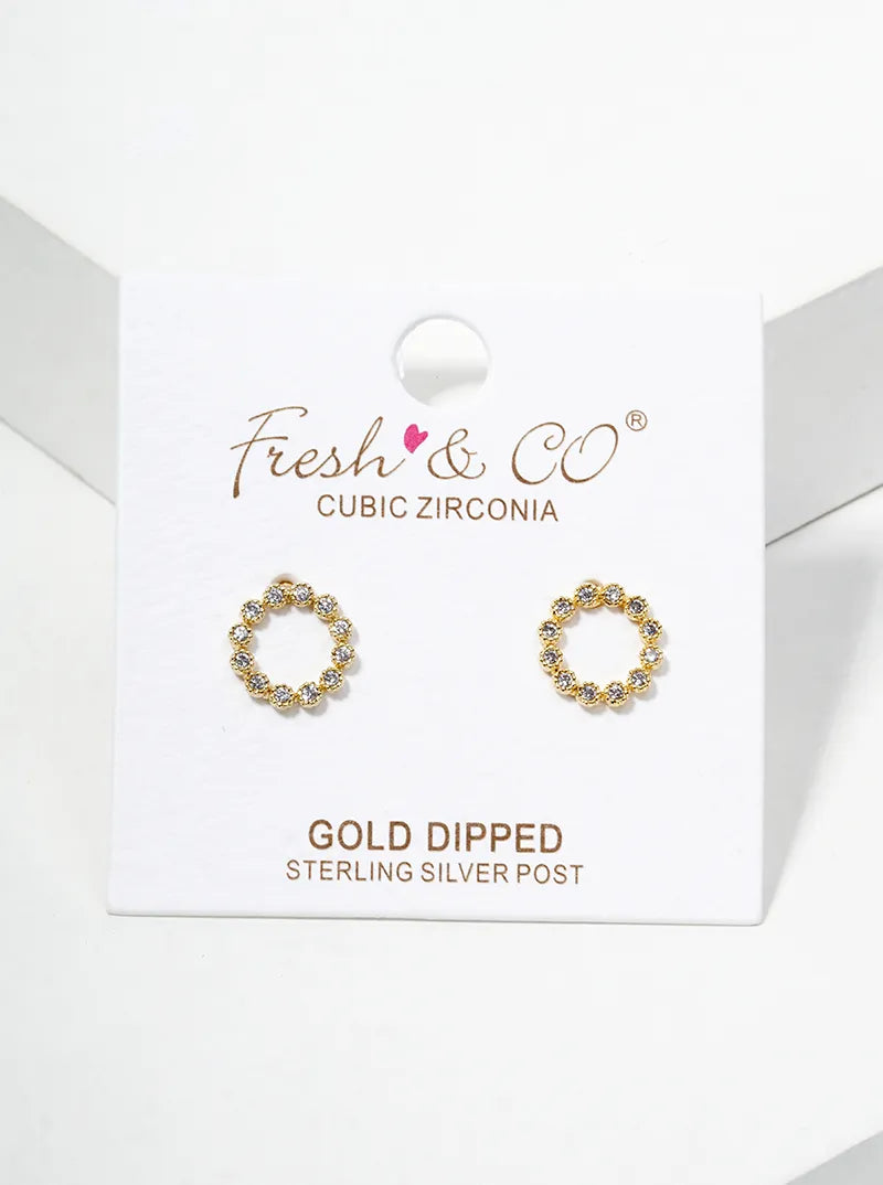 18k Gold Dipped CZ Pave Circle Post Stud Earrings