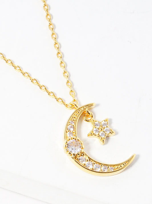18k Gold Dipped CZ Pave Crescent Moon And Star Pendant Delicate Necklace