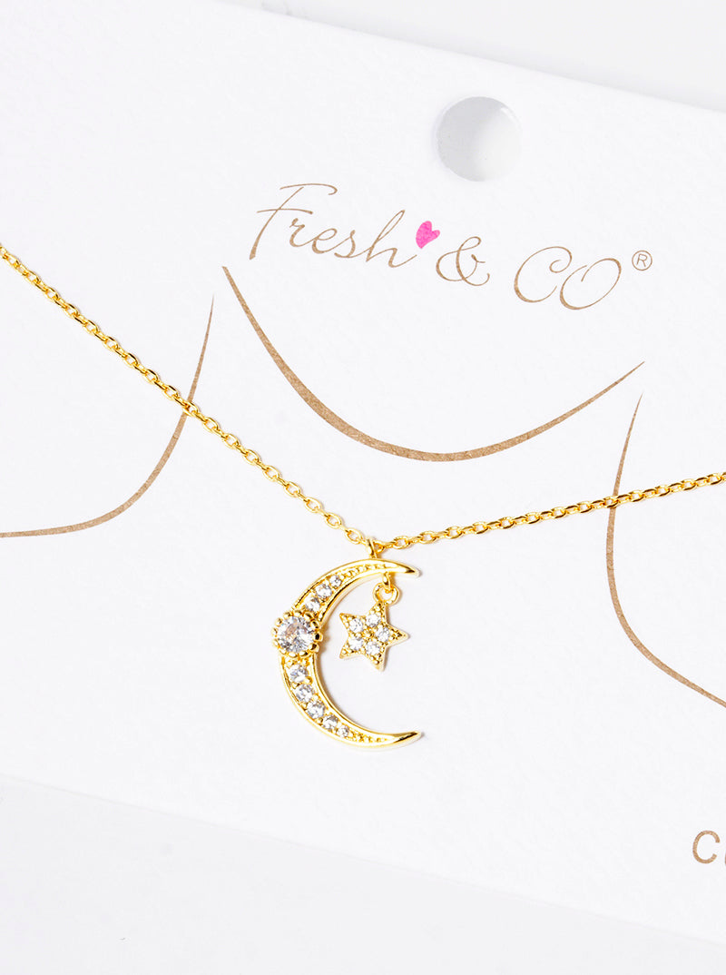 18k Gold Dipped CZ Pave Crescent Moon And Star Pendant Delicate Necklace