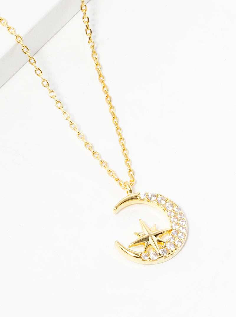 18k Gold Dipped CZ Pave Crescent Moon Pendant Necklace