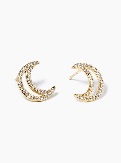 18k Gold Dipped CZ Pave Crescent Moon Post Stud Earrings