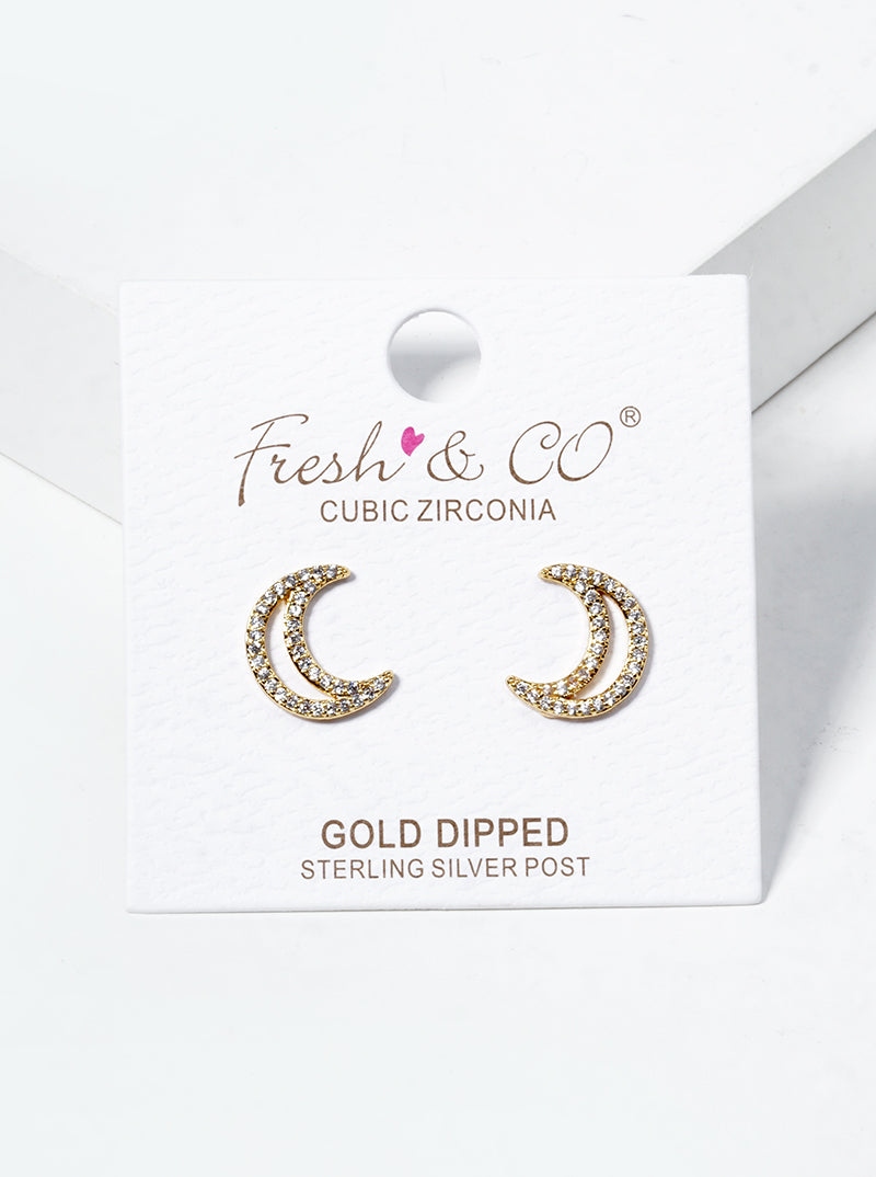 18k Gold Dipped CZ Pave Crescent Moon Post Stud Earrings