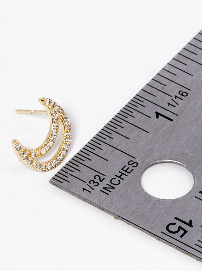 18k Gold Dipped CZ Pave Crescent Moon Post Stud Earrings