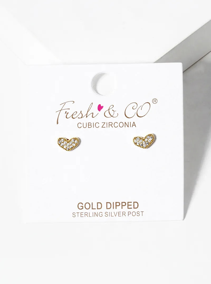 18k Gold Dipped CZ Pave Dainty Heart Post Stud Earrings