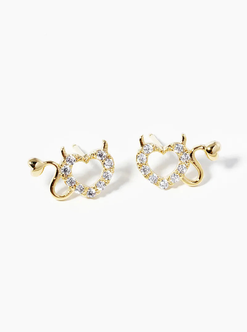 White Gold Dipped CZ Pave Devil Heart Post Stud Earrings