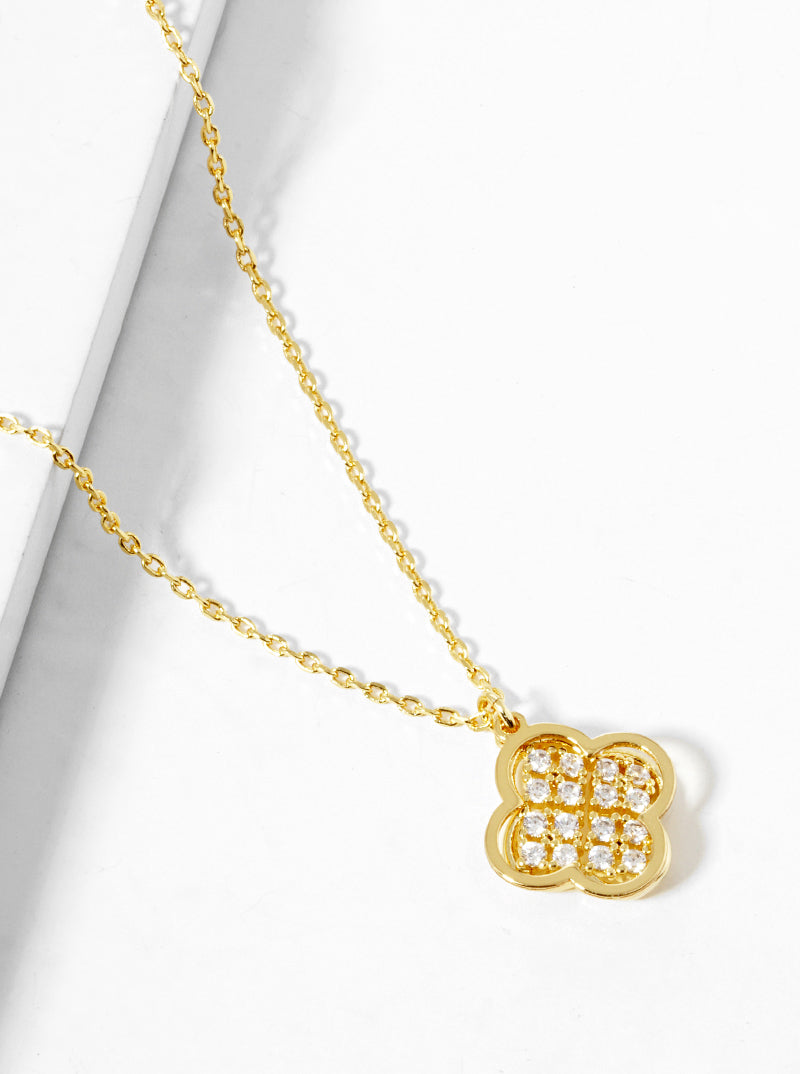 18k Gold Dipped CZ Pave Double Quatrefoil Pendant Necklace