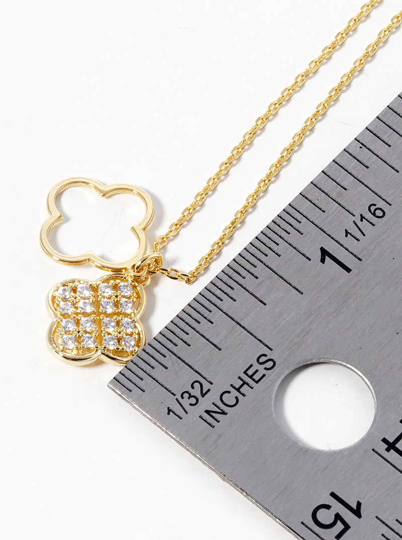 18k Gold Dipped CZ Pave Double Quatrefoil Pendant Necklace