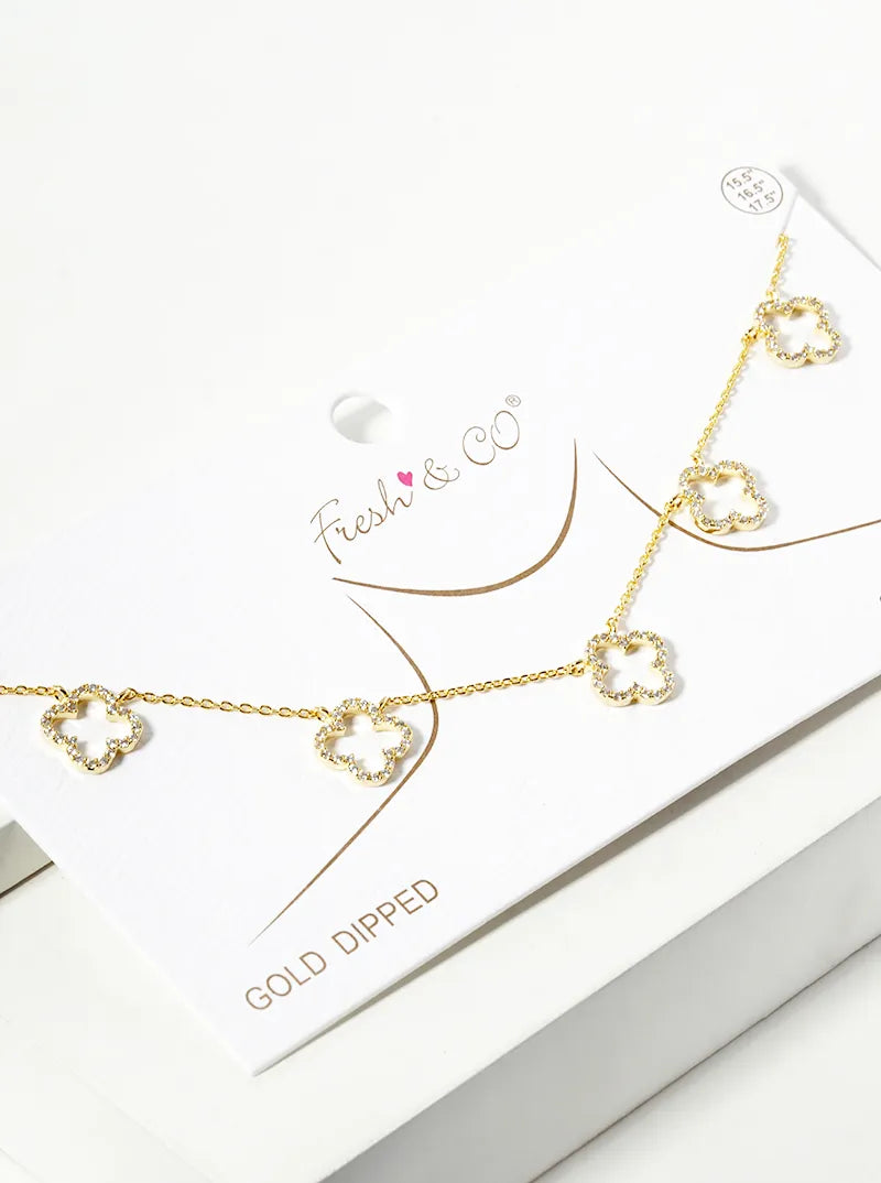 18k Gold Dipped CZ Pave Five Quatrefoil Pendant Necklace