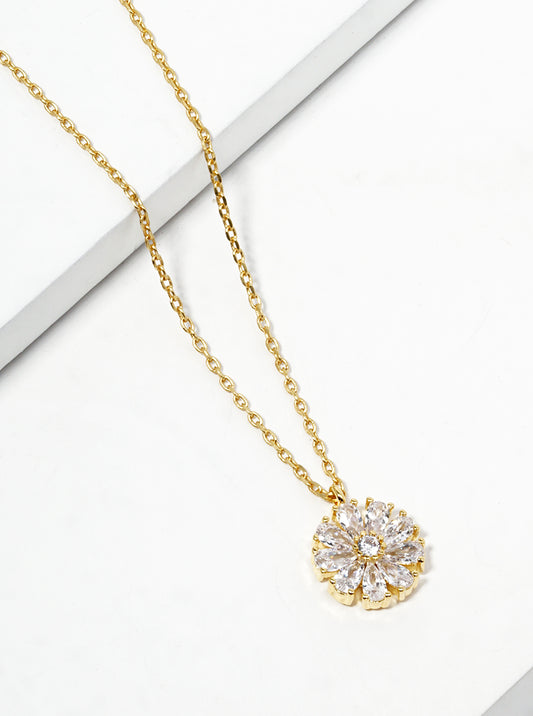 18k Gold Dipped CZ Pave Flower Pendant Dainty Necklace