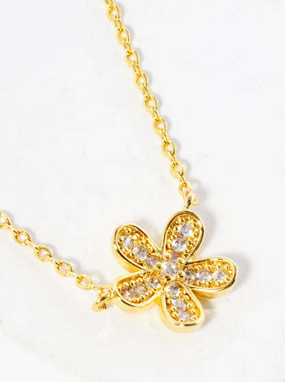 18k Gold Dipped CZ Pave Flower Pendant Delicate Necklace