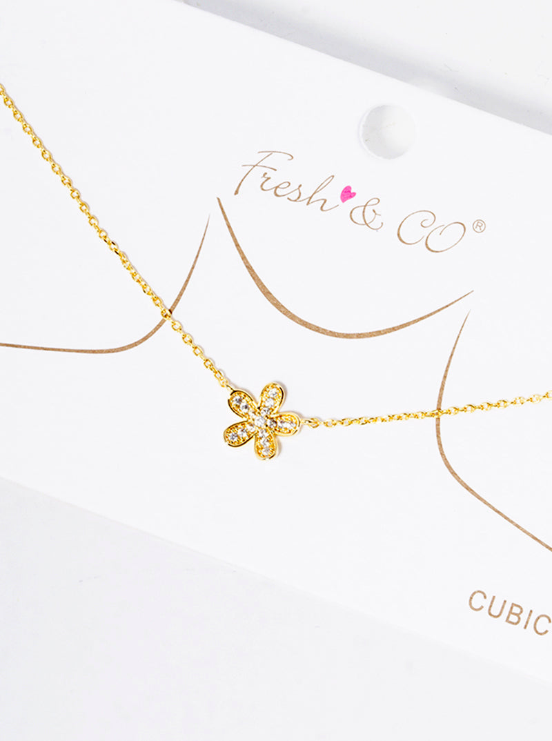 18k Gold Dipped CZ Pave Flower Pendant Delicate Necklace