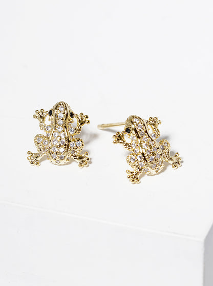 18k Gold Dipped CZ Pave Frog Post Stud Earrings