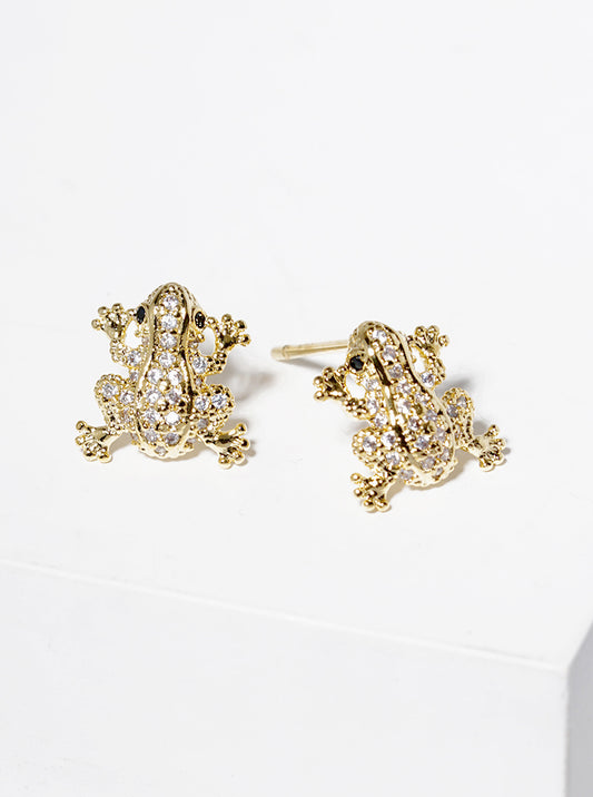 18k Gold Dipped CZ Pave Frog Post Stud Earrings