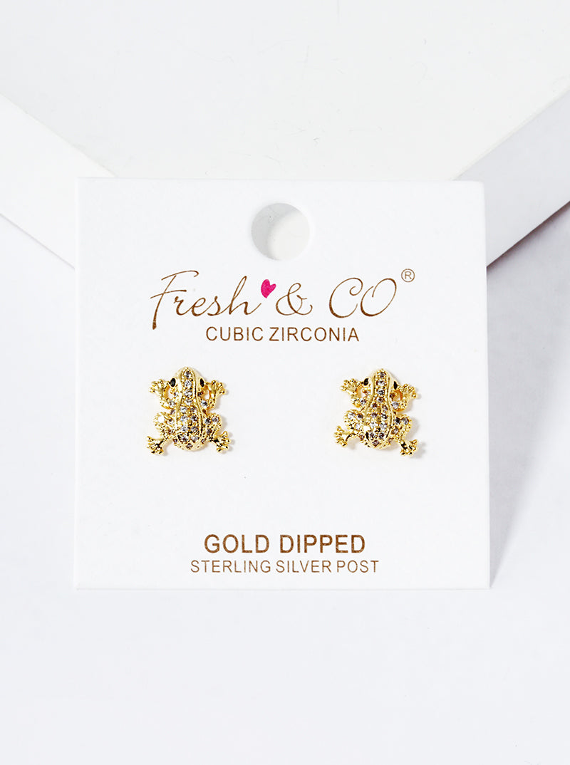18k Gold Dipped CZ Pave Frog Post Stud Earrings